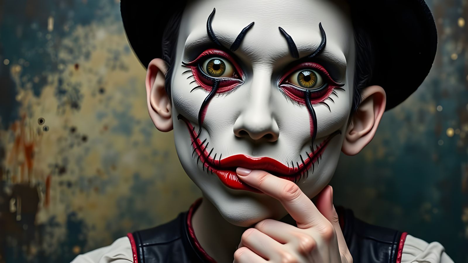 Surreal Mime Portrait with Stitched Lips as Oil Painting