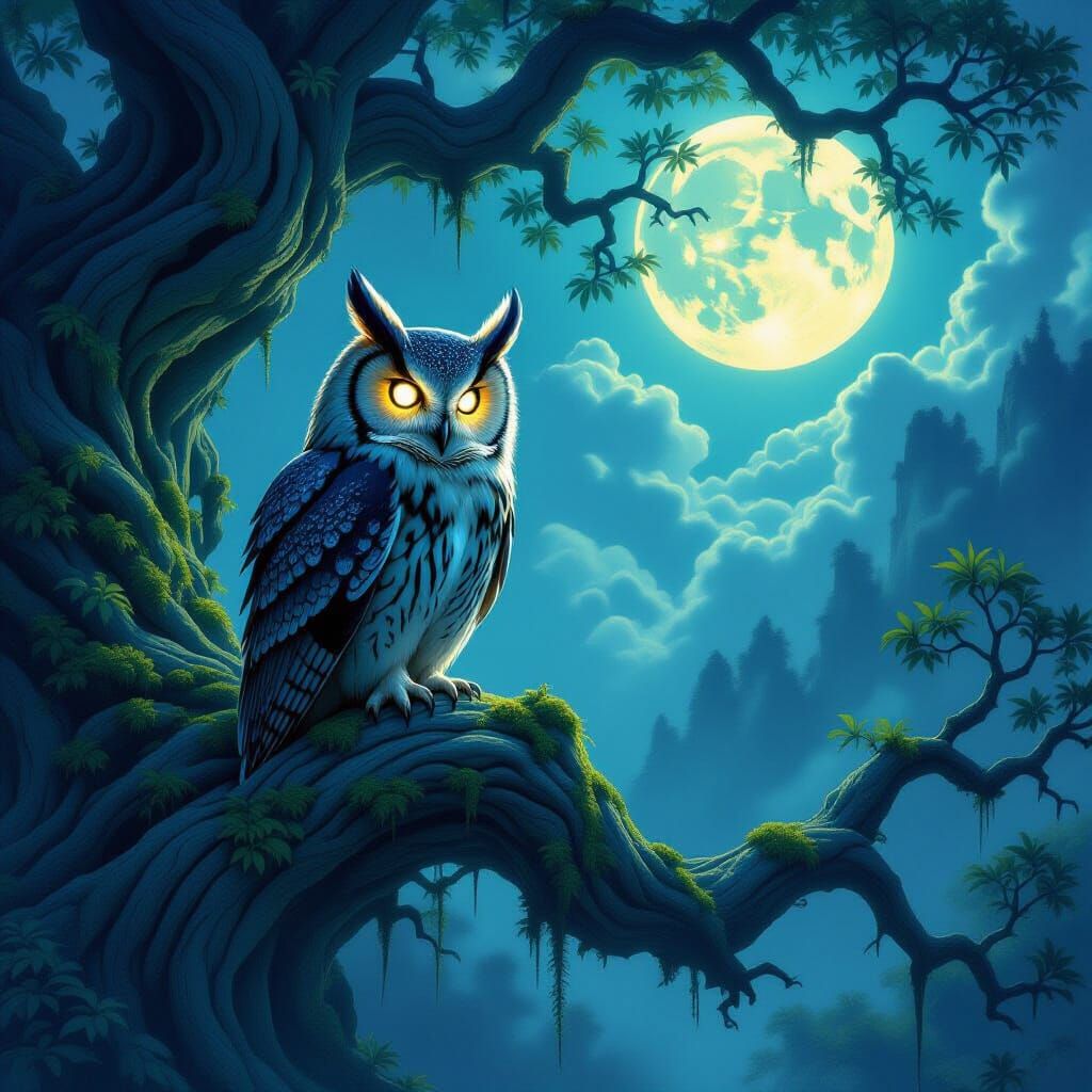 Ancient Owl on Whispering Tree in Magical Realism Style