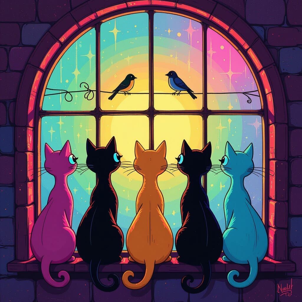 Whimsical Cats Gazing Out Window in Neon Style