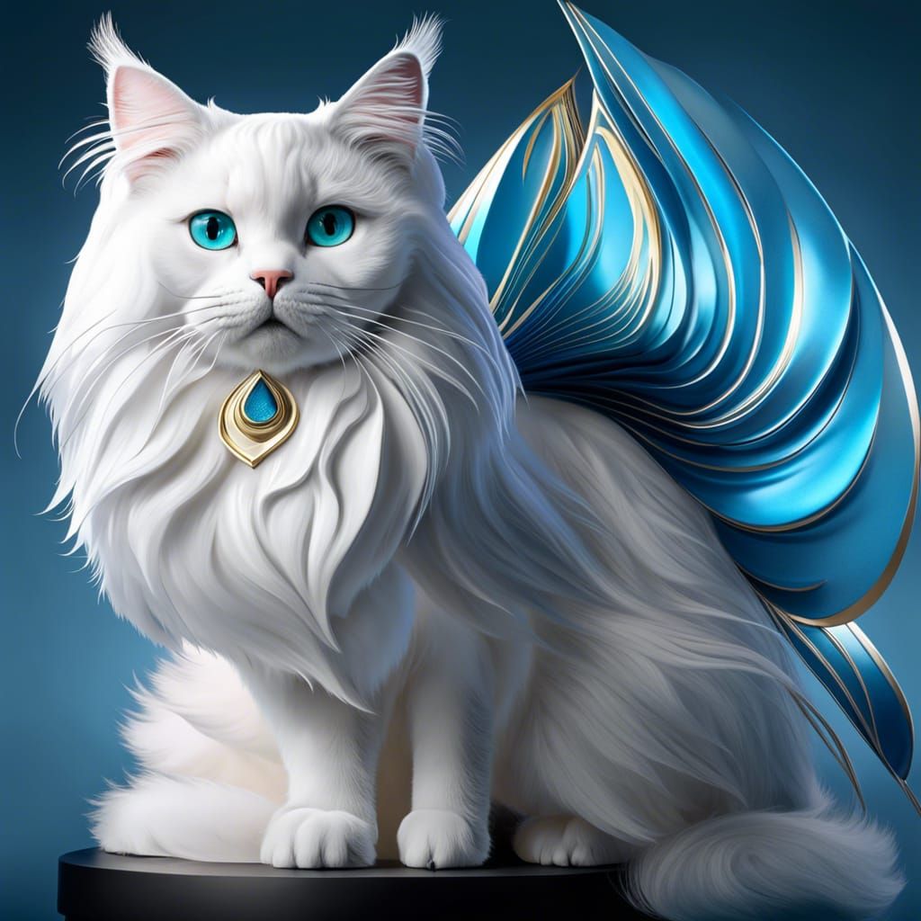 "Hyperrealistic beautiful persian cat with angel wings" cosmic, Artgerm, Sparkling Iridescent blue opal, highly intricat...