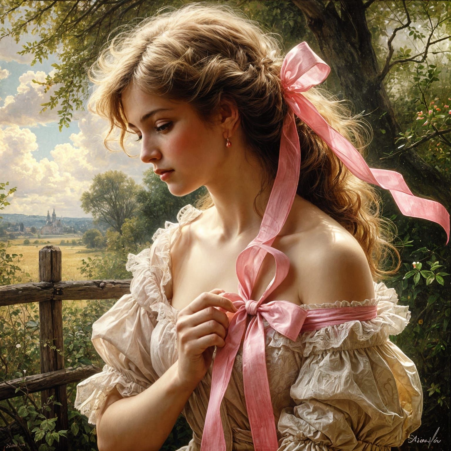 Gentle French Belle Époque Lady with Pink Ribbon