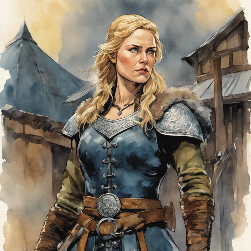 Viking Shieldmaiden in Watercolor Comic Art Style