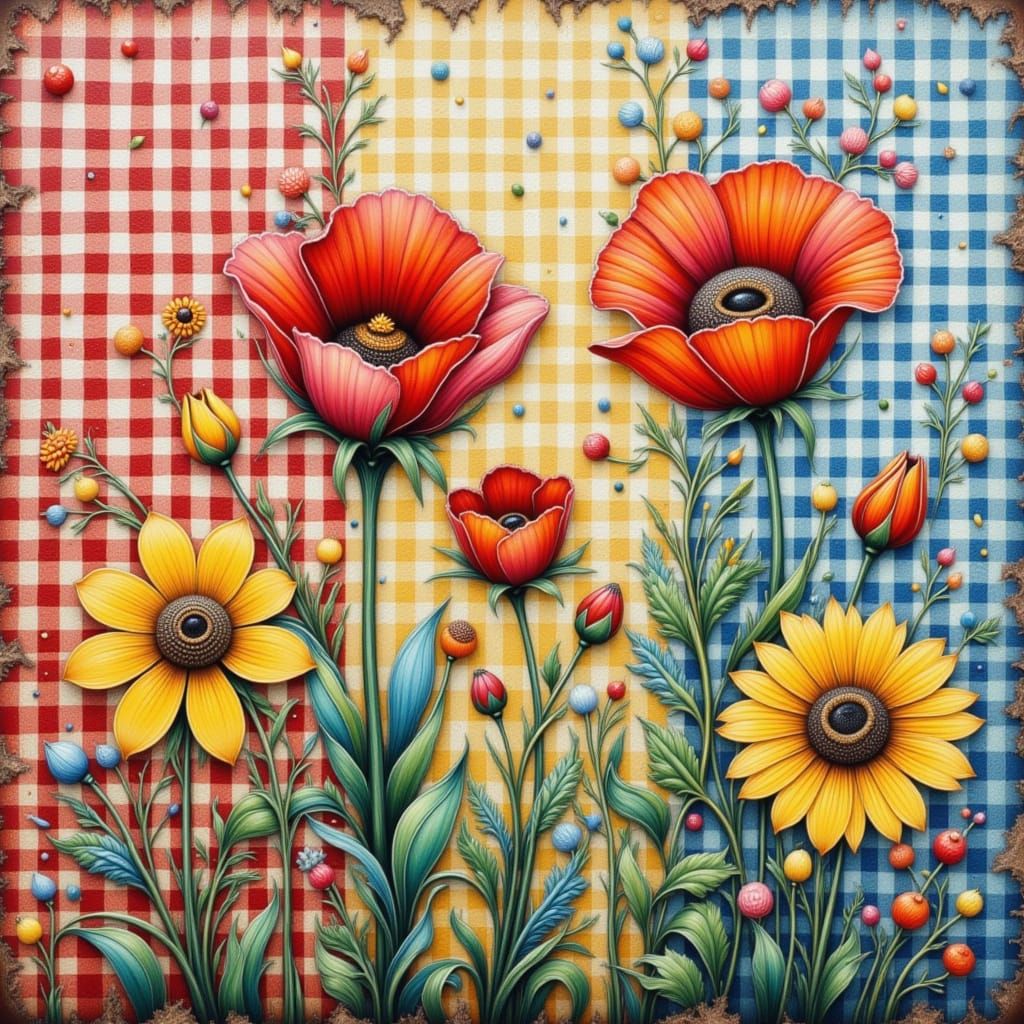 Gingham Fabric with Flowers in Folk Art Nouveau Style