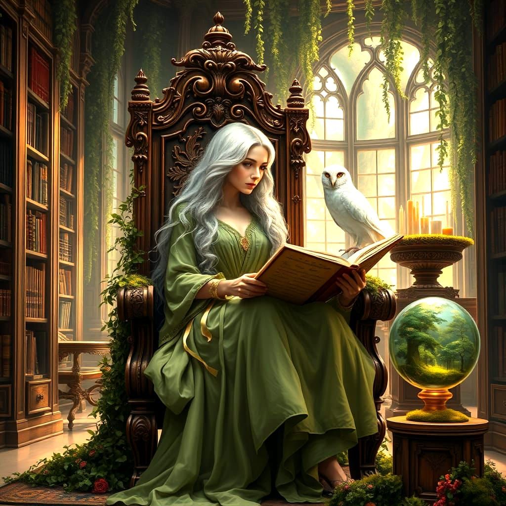 Elven Oracle in Pre-Raphaelite Library