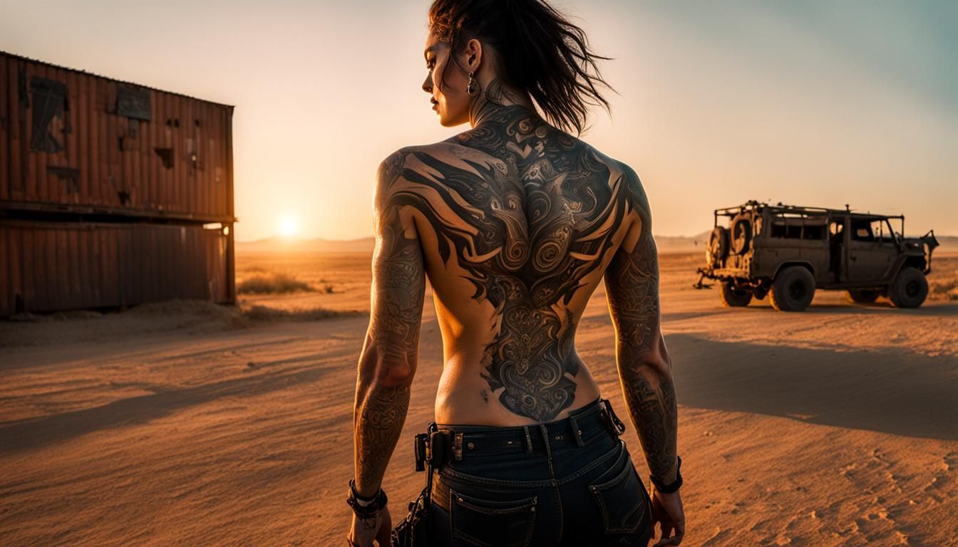 Ethereal Tattooed Figure in Hyperdetailed Fantasy Landscape