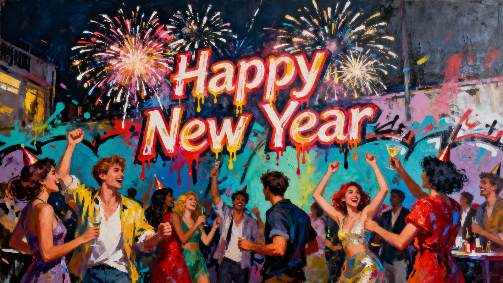 Vibrant New Year Sign with Fireworks and Party Crowd Graffit...