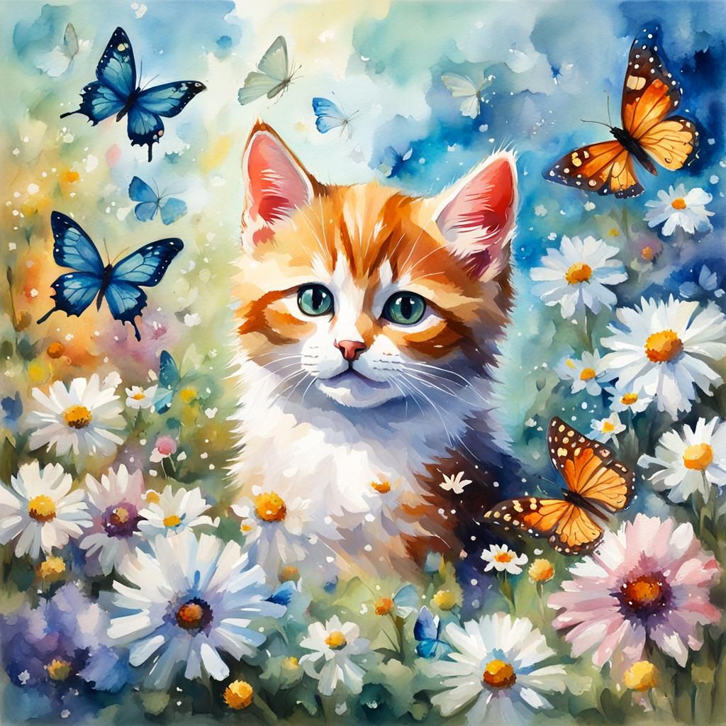 Watercolor Kitten with Butterfly Wings and Flowers
