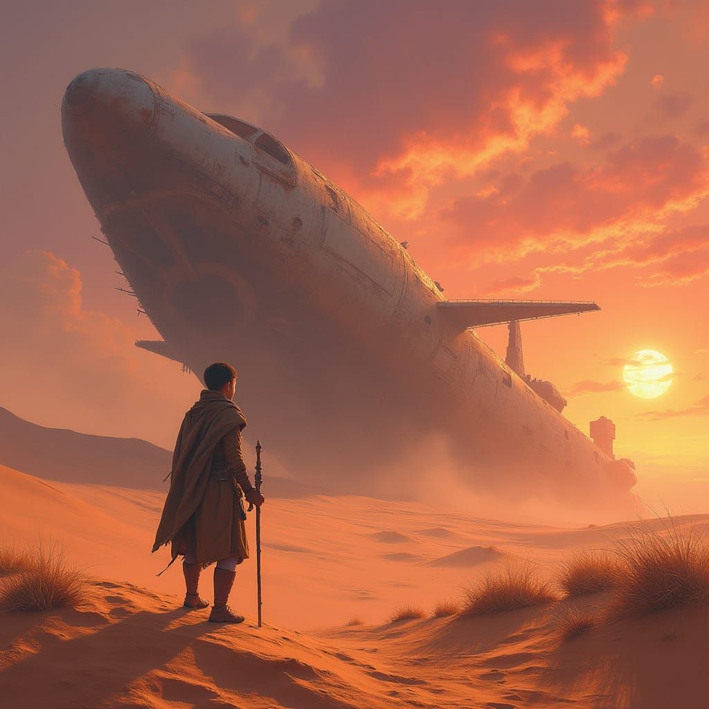 Young Adventurer Stands Amidst Ancient, Rusted Spacecraft on...