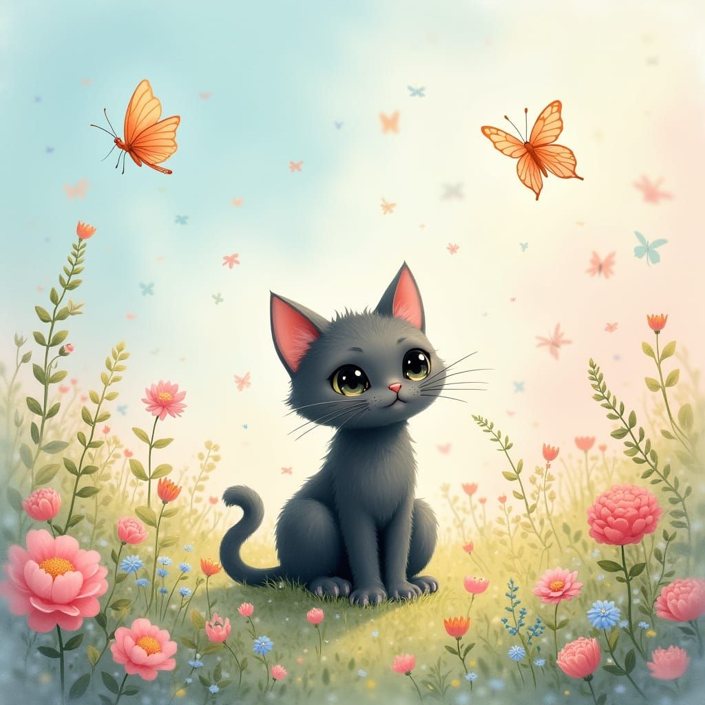 Kawaii Cat in Pastel Floral Landscape