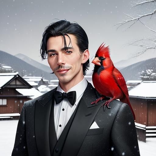 Cardinals Adorn Man in Tuxedo in Snowy Japan