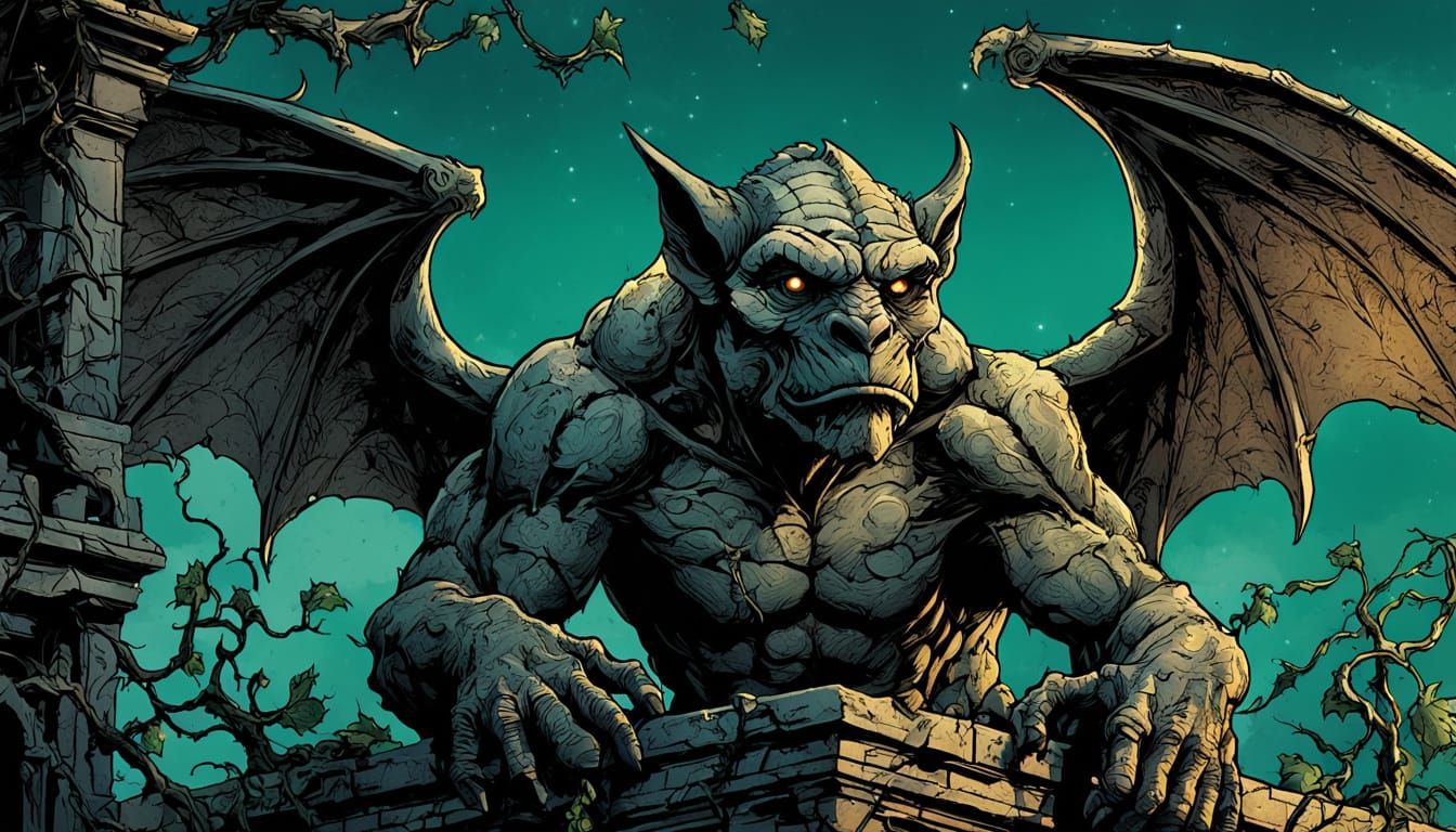 Gargoyle Perched on Ruined Church in Dark Fantasy Art
