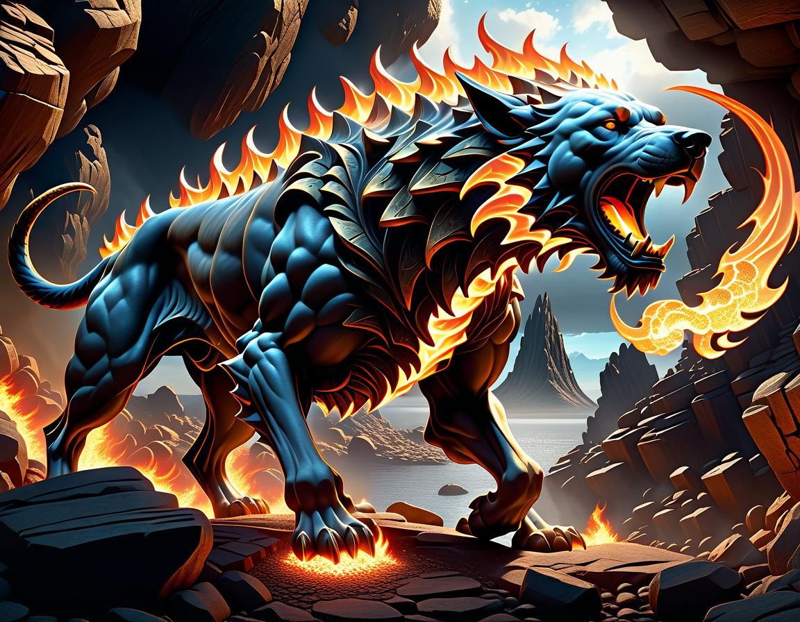 Hellhound breathing fire in a rocky setting a masterpiece, 8...