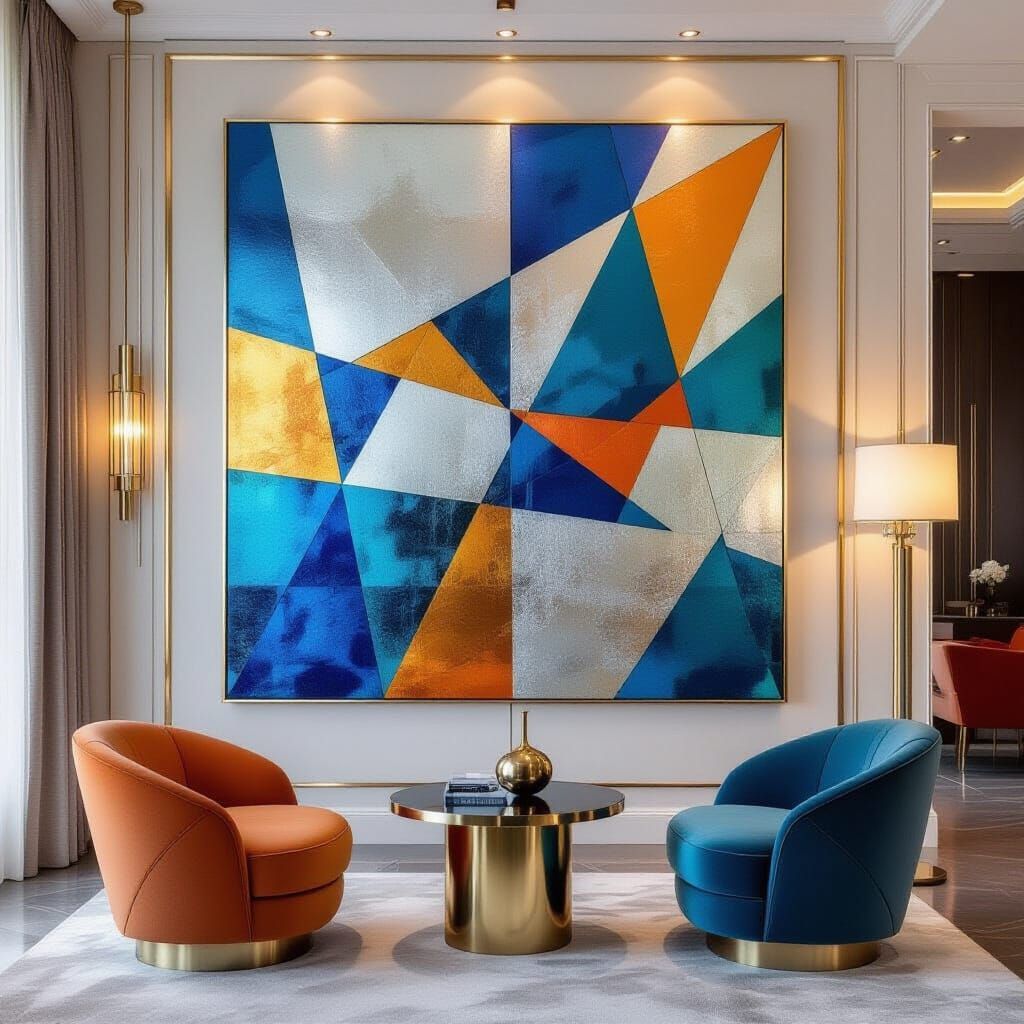 Geometric Abstract Painting with Metallic Hues in Luxury Roo...