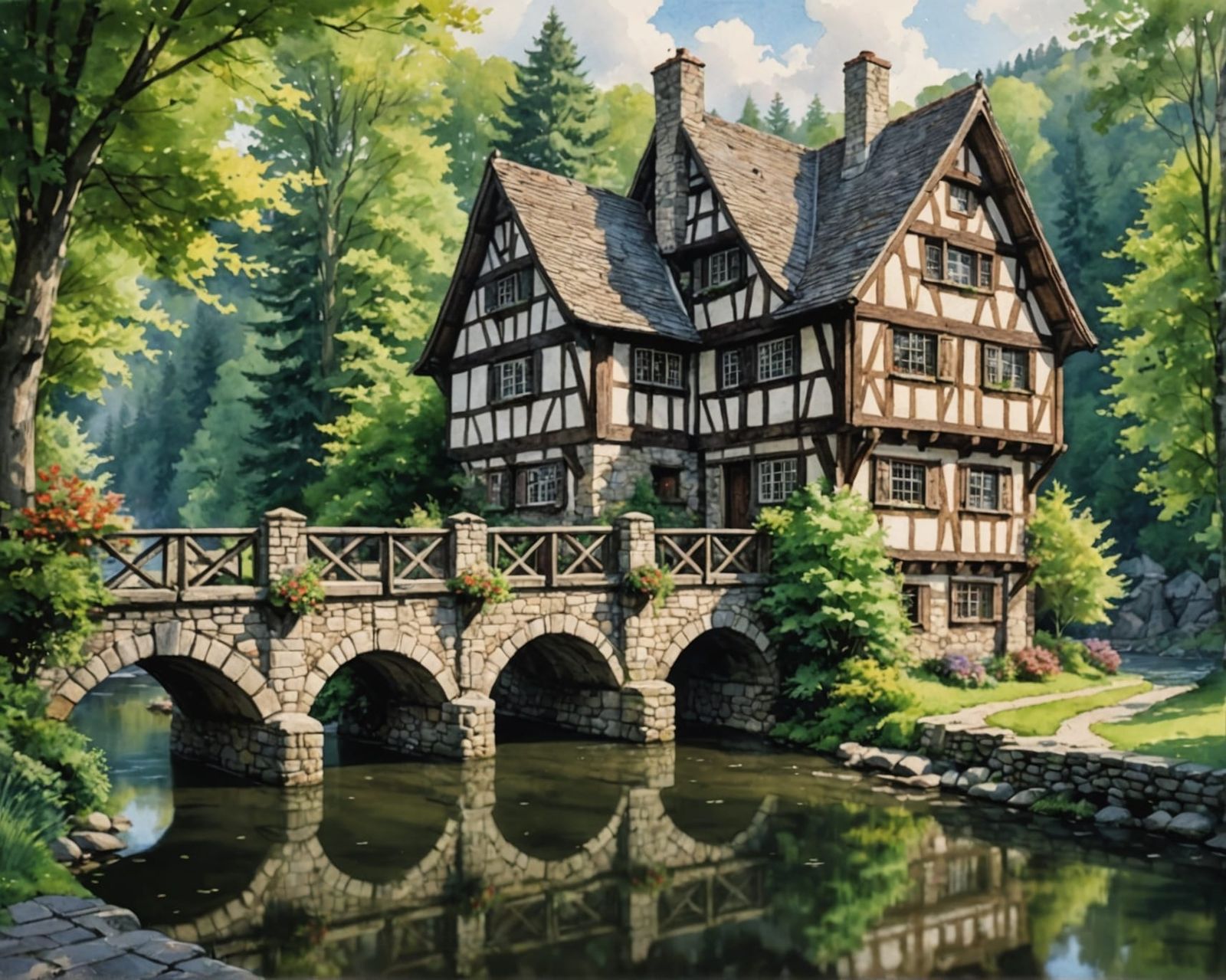Half-Timbered House by River, Watercolor Style