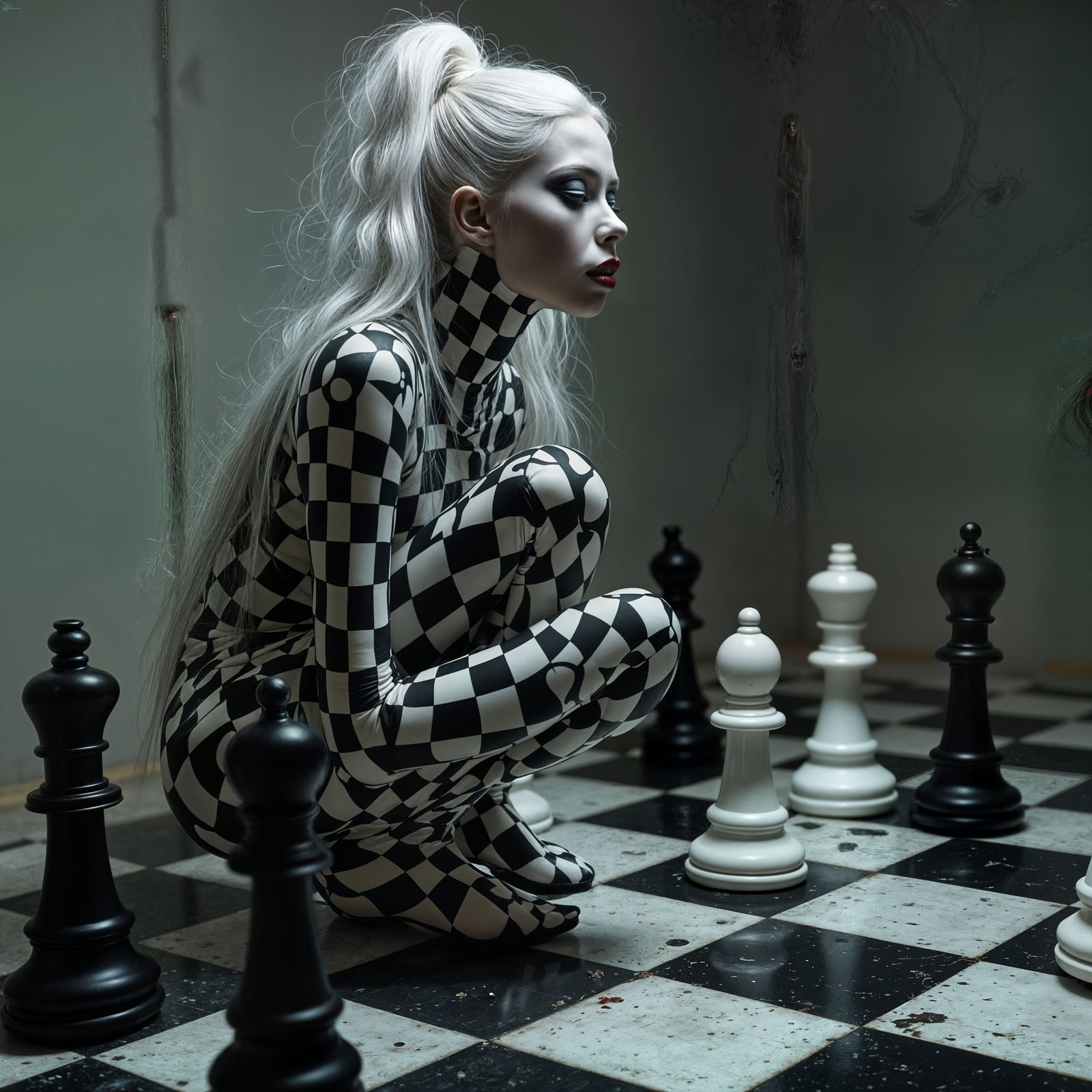 Surreal Figure in Black-and-White Checkered Pattern on Chess...