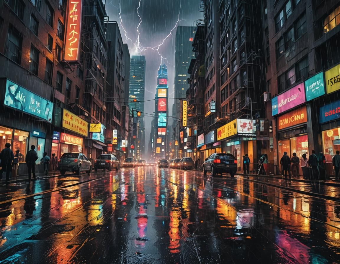 Hyperrealistic Cityscape with Neon Lights in the Rain