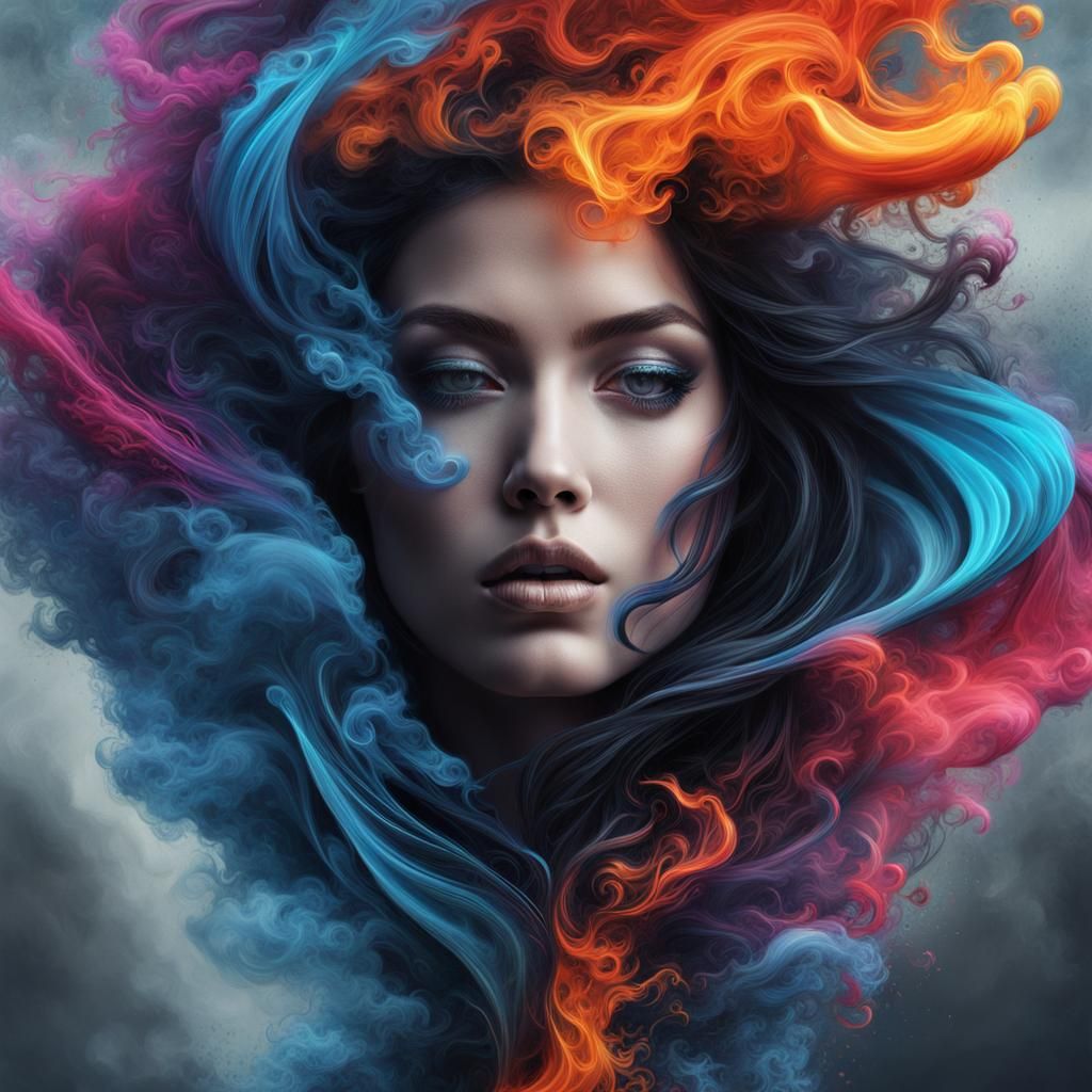 Surreal Ghostly Woman Face in Swirling Smoke