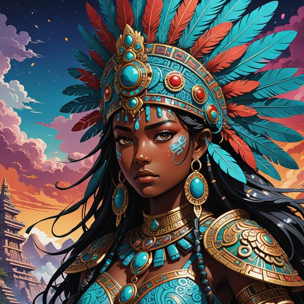 Majestic Aztec Warrior Princess in Anime-Inspired Finery