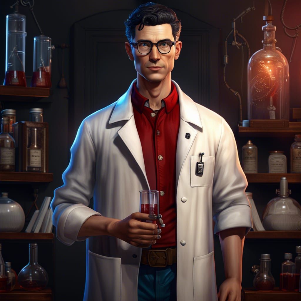 Forensic Lab: Man Examining Skeleton with Beaker