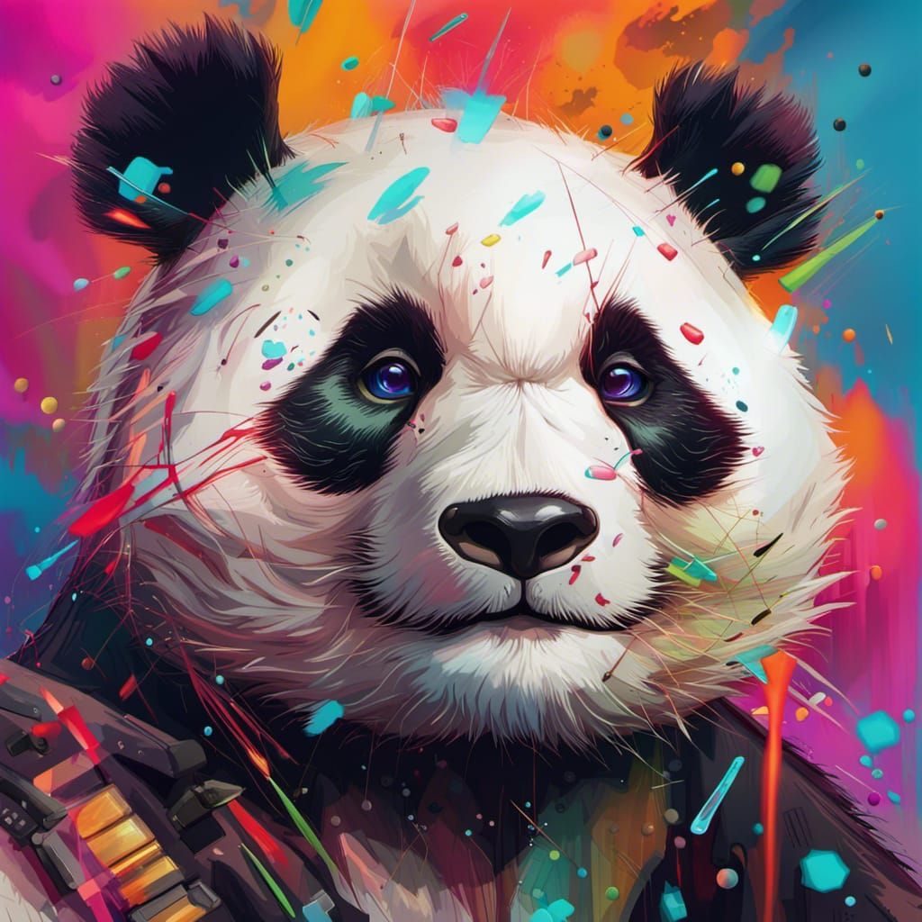 Robotic Panda Headshot: Hyperrealistic Splash Art