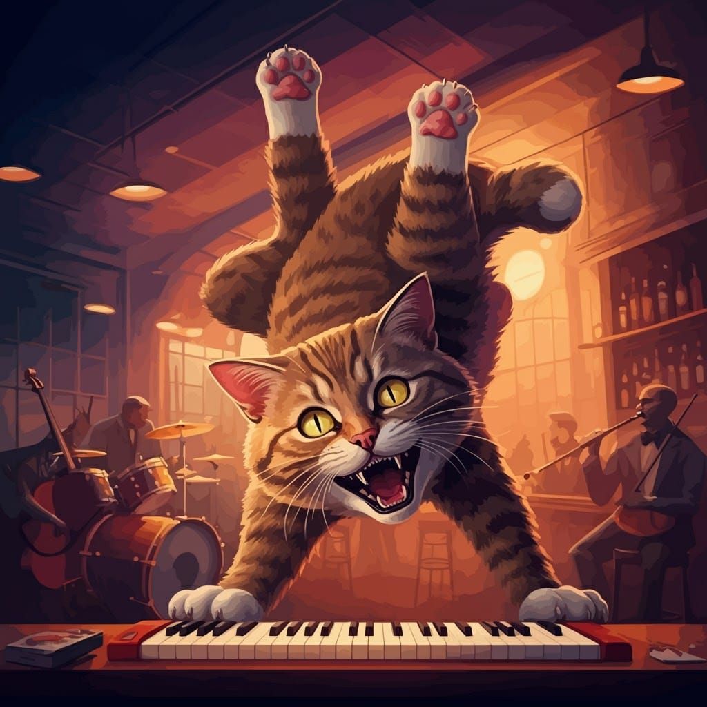 Acrobatic Cat Performing in Cubist Bar Scene