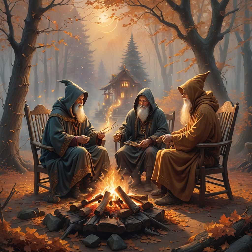 Wizards Chatting in Misty Autumn Forest