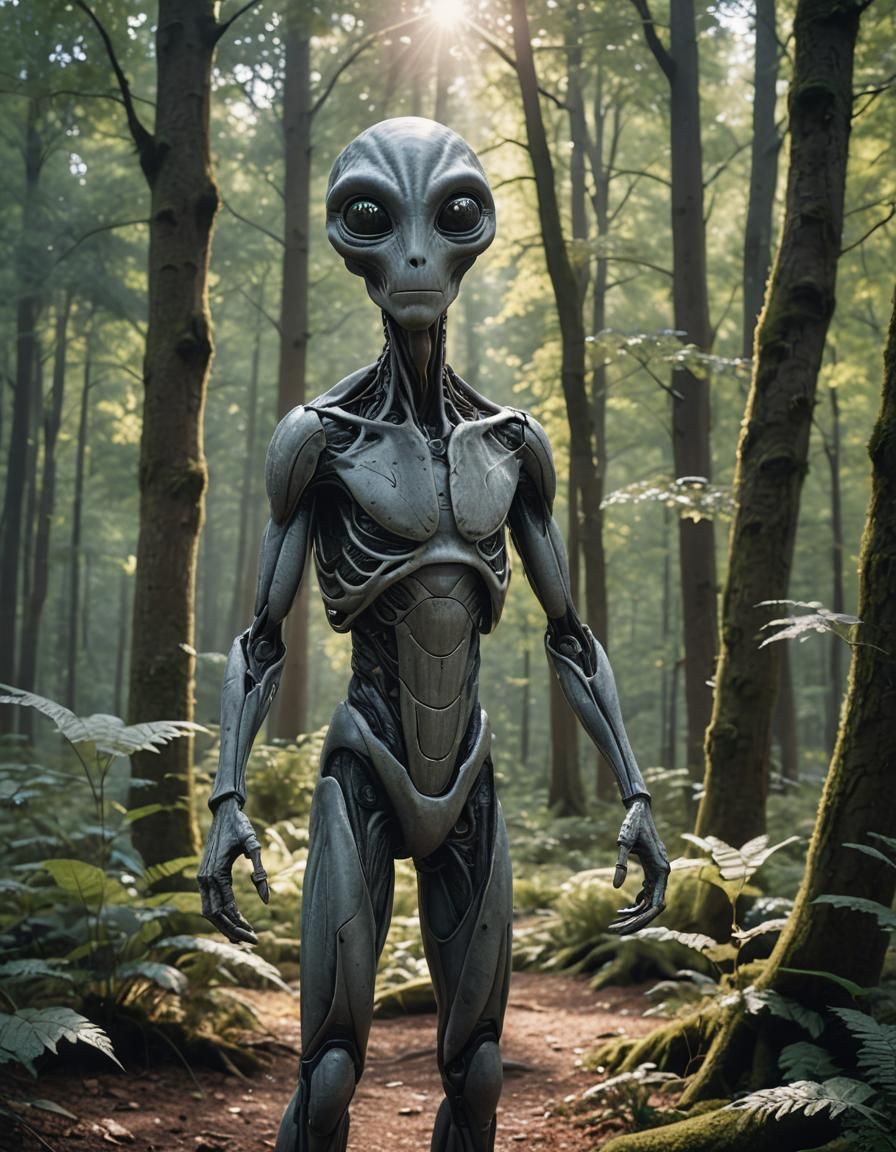 Gray Alien Hidden in Woods: Hyper-Realistic Photo