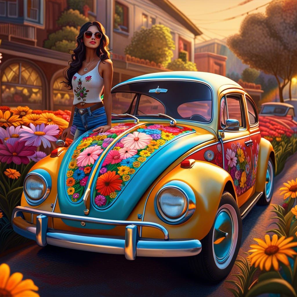 Flower Power VW Beetle in Sunset Lighting