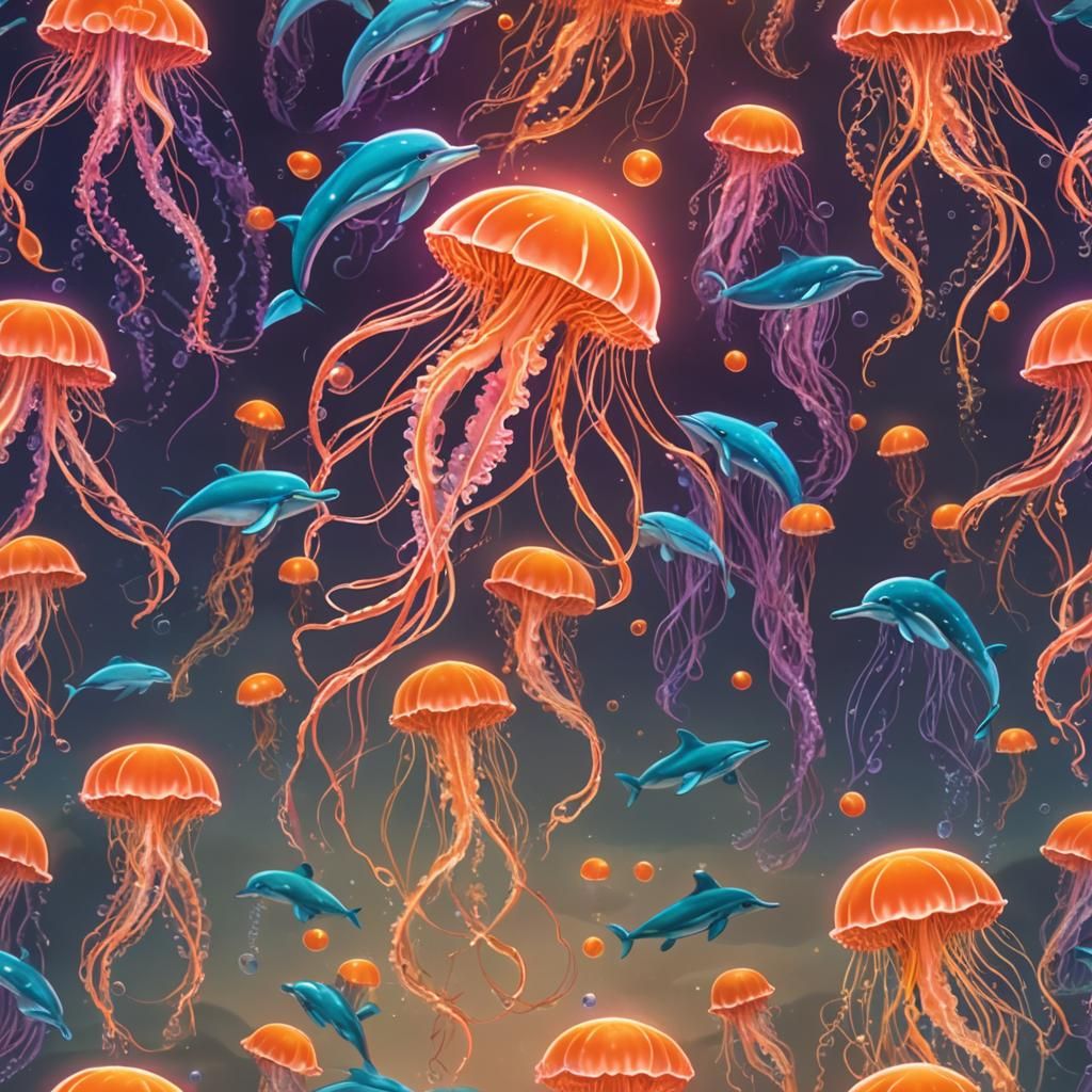 Neon Jellyfish and Dolphins in Coral Archway