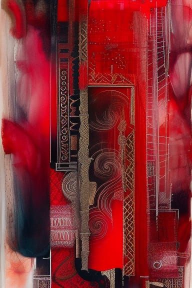 Intricate Red Encaustic Painting with Liquid Details