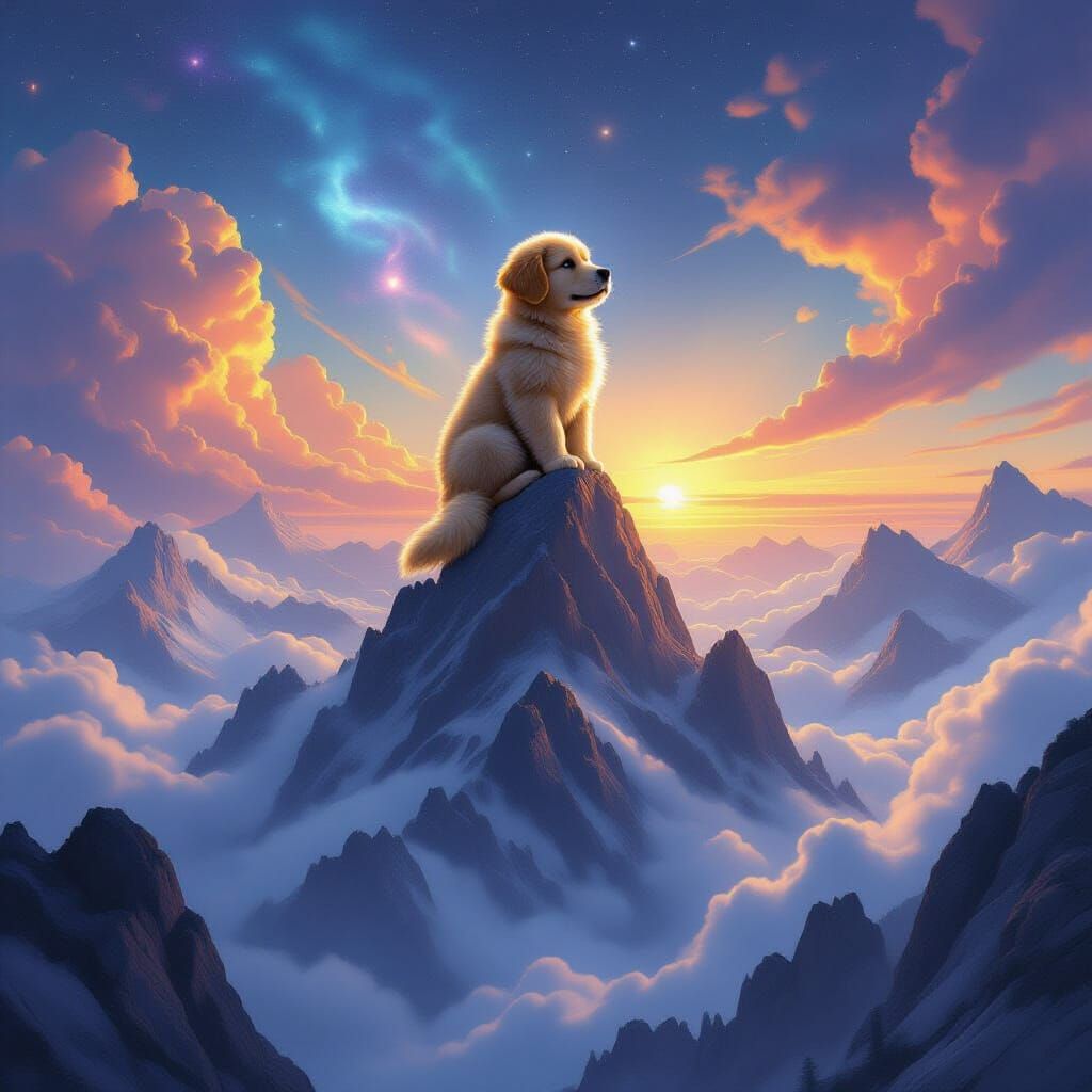 Giant Puppy on Misty Mountain Peak Under Cosmic Sky