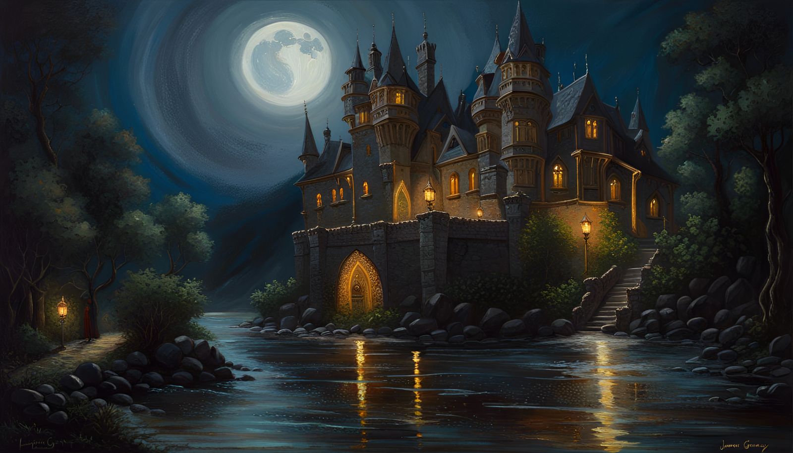 Dark Gothic Castle in Oil Painting Style