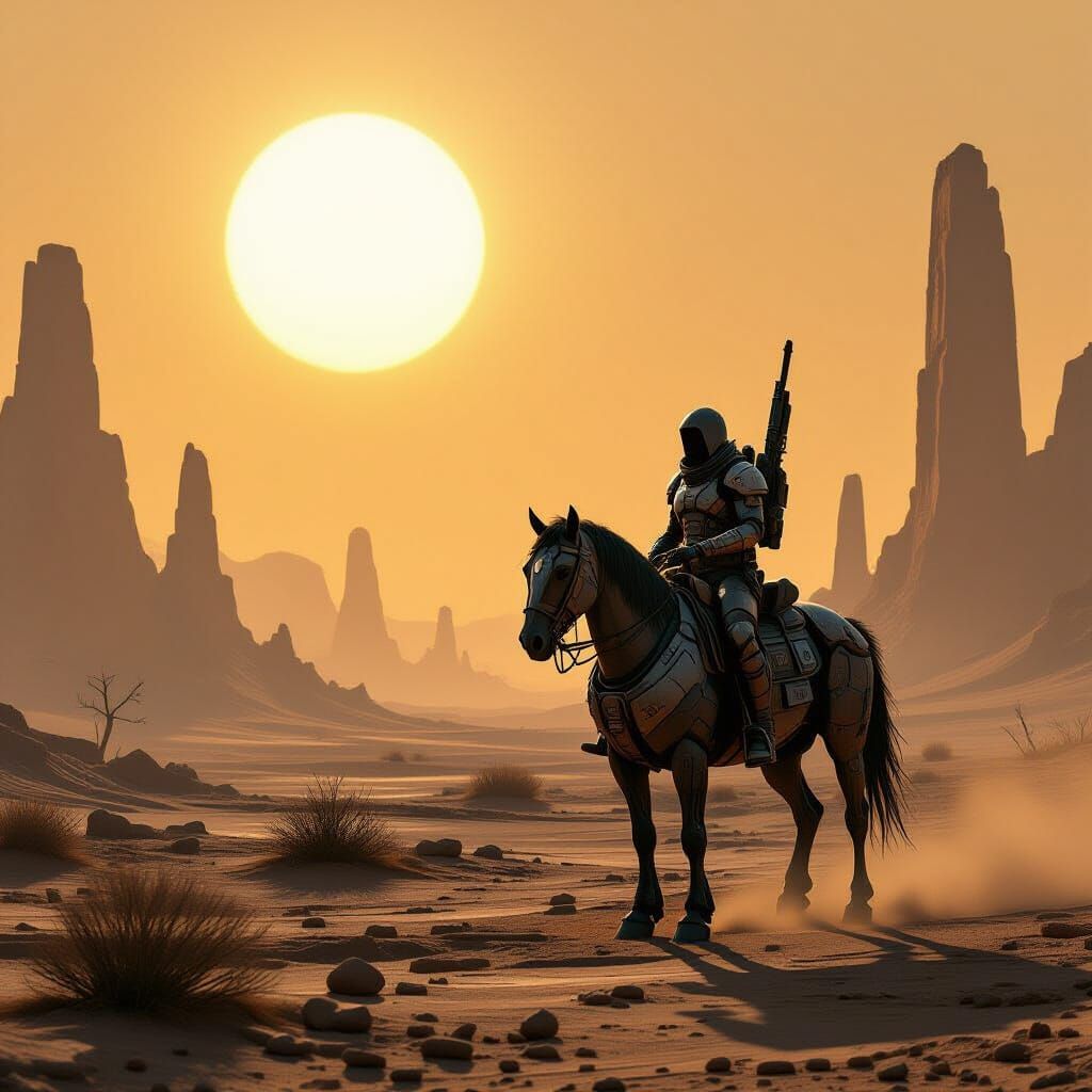 Lone Rider on Cyber Horse in Twin-Sunned Wasteland
