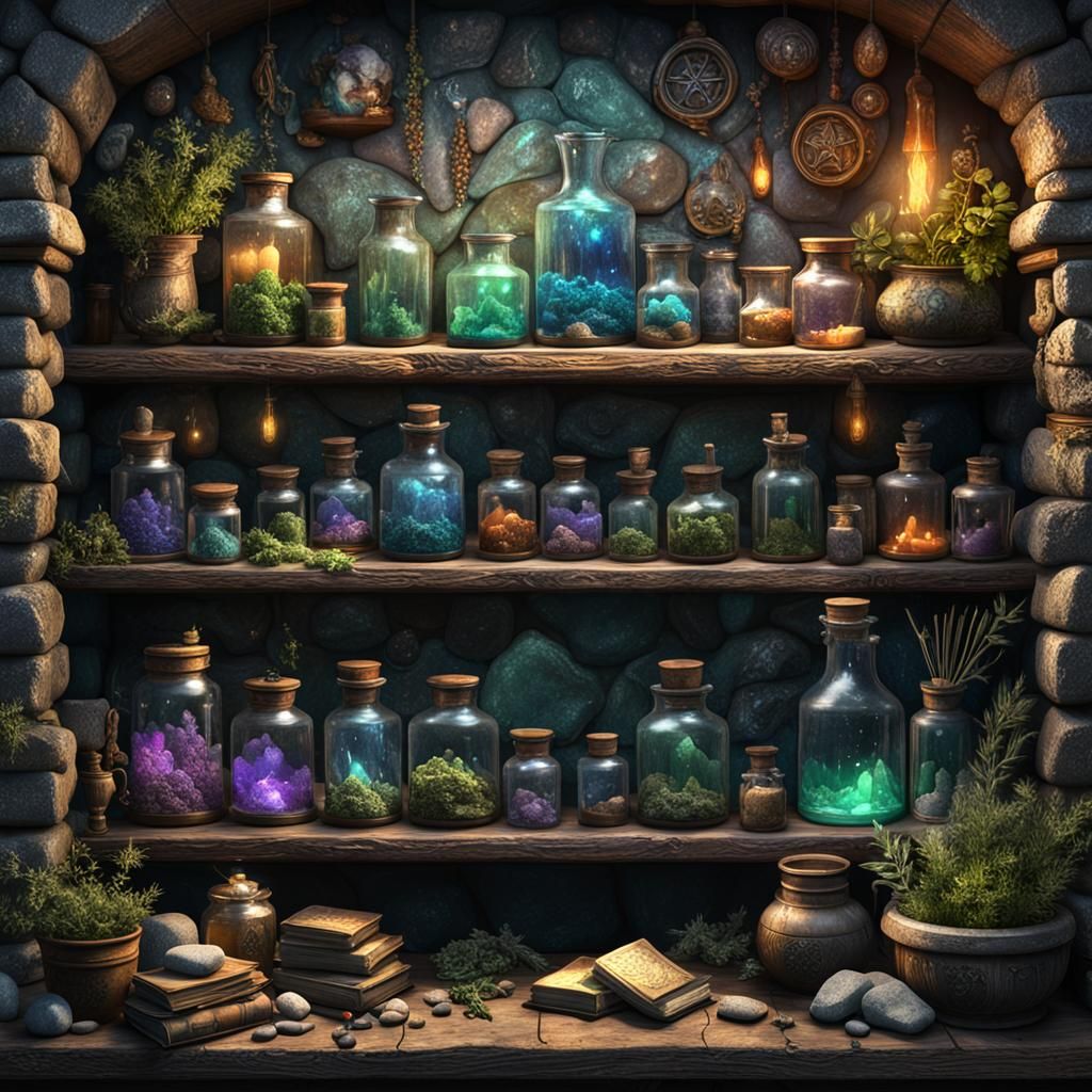 Magical Fantasy Shop Shelf with Potions in Detailed Painting