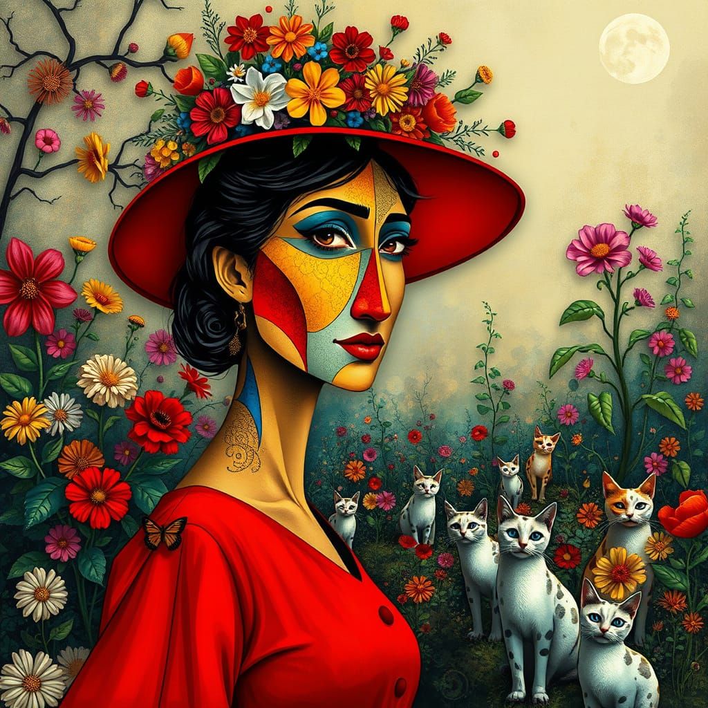 Woman in a Dreamlike Garden Scene, in a Cubist Art Style
