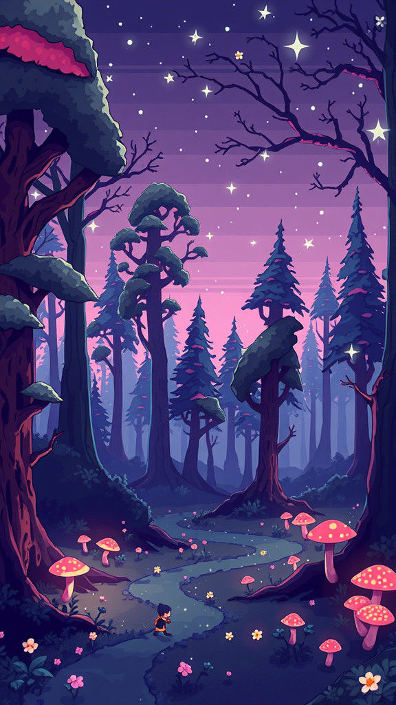 Pixel Art Magical Forest at Night Under Twinkling Stars