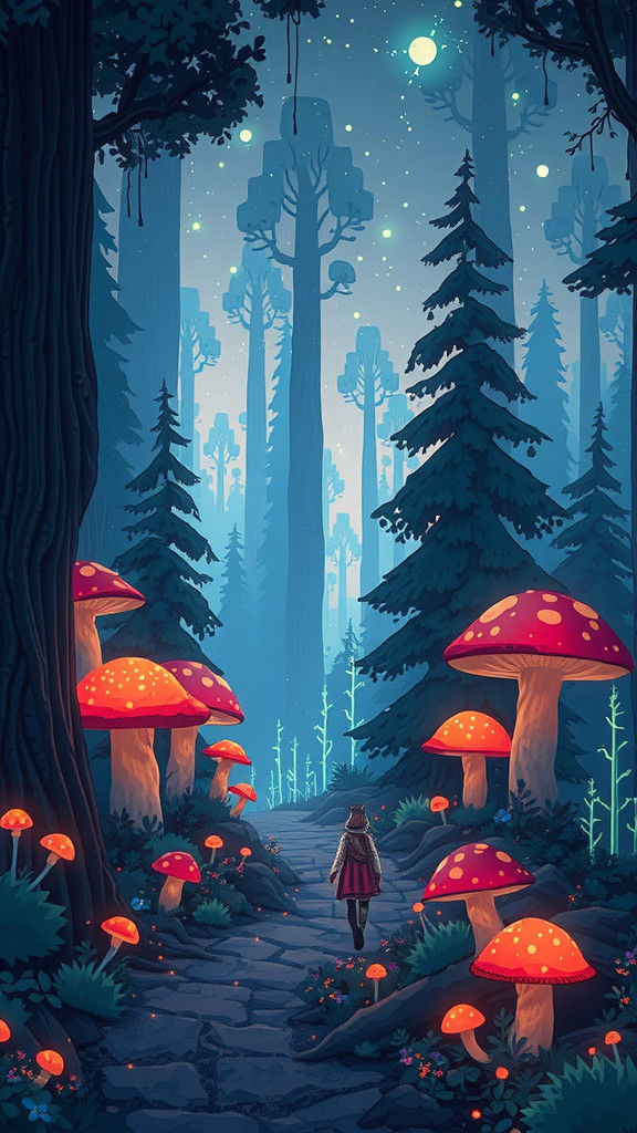 Pixel Art Magical Forest at Night