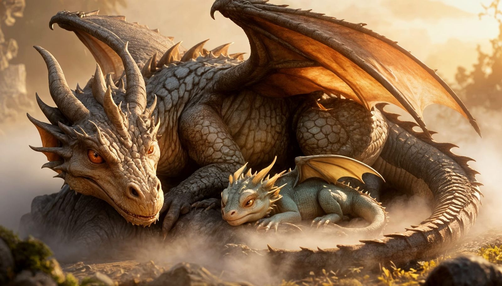 Mother and Baby Dragon Sleeping Under Wing in Ethereal Mist