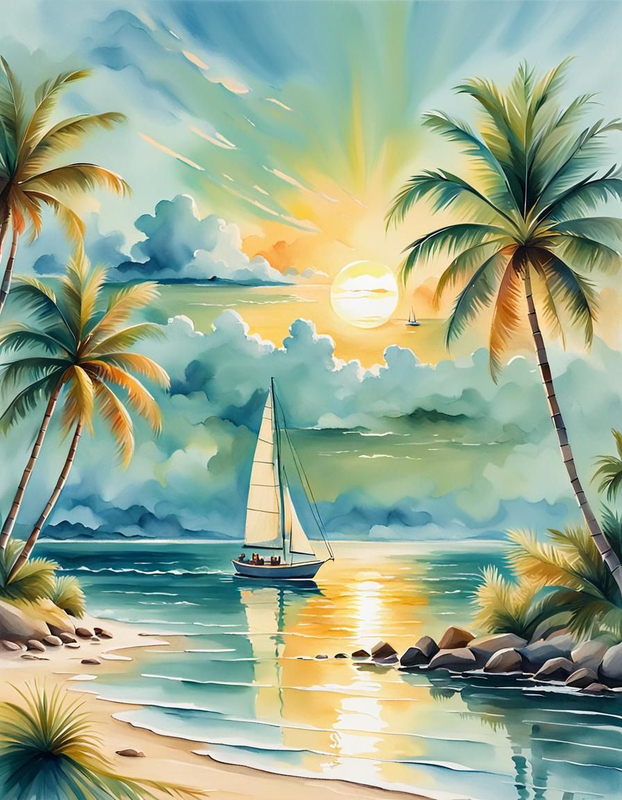 Serene Sunset Over Ocean in Gouache Painting Style