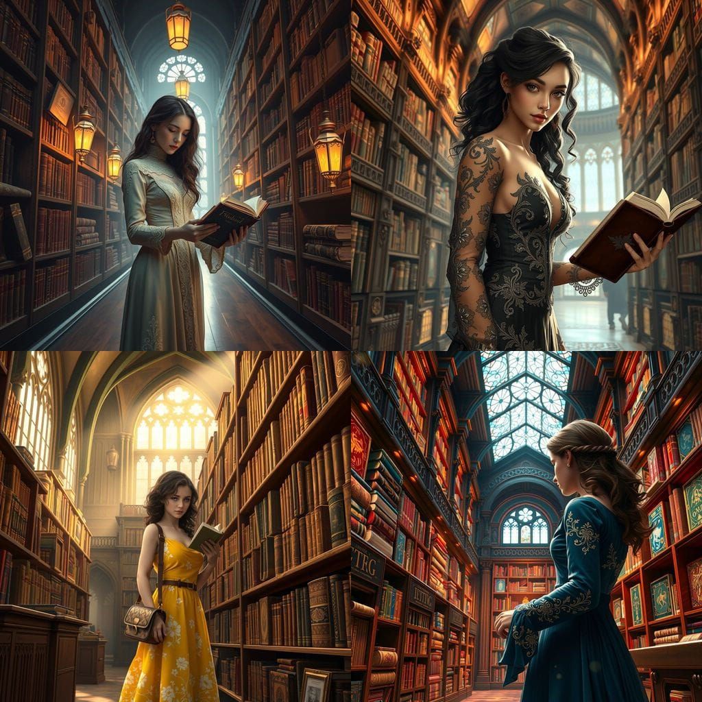Elegant Fantasy Adventurer Searches Ancient Tomes in Enchant...