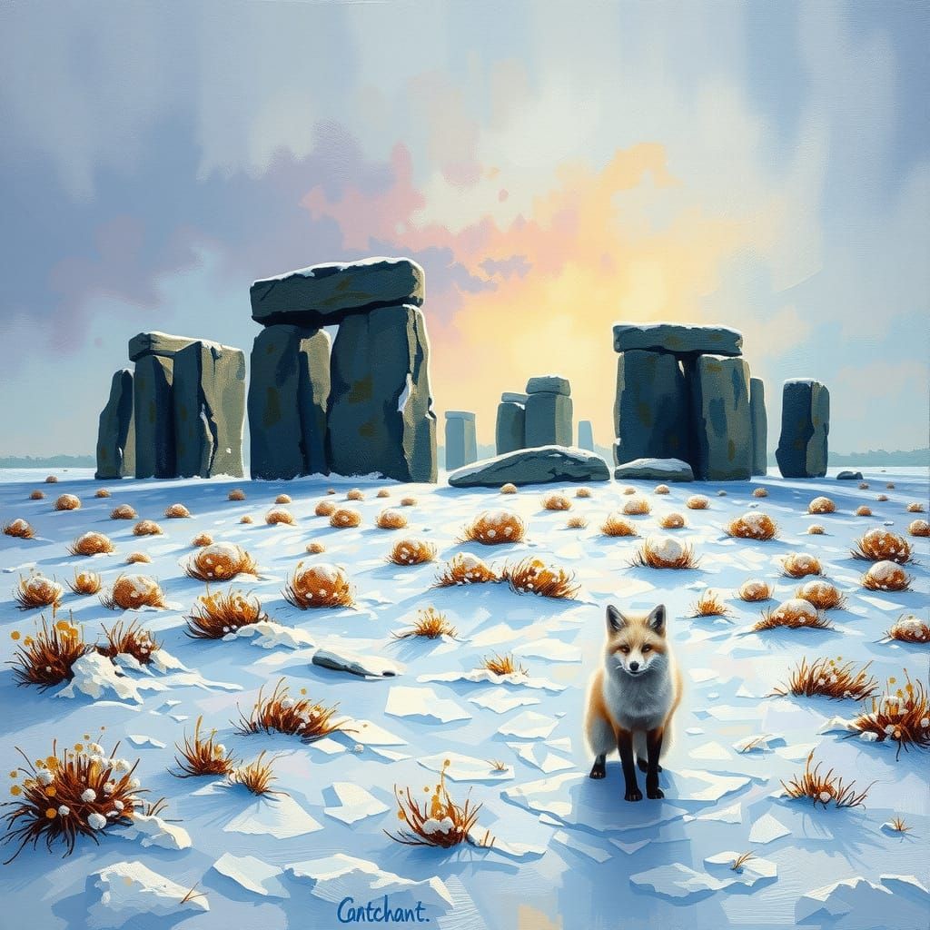 Stonehenge Winter Landscape with Snow Foxes in Expressionist...
