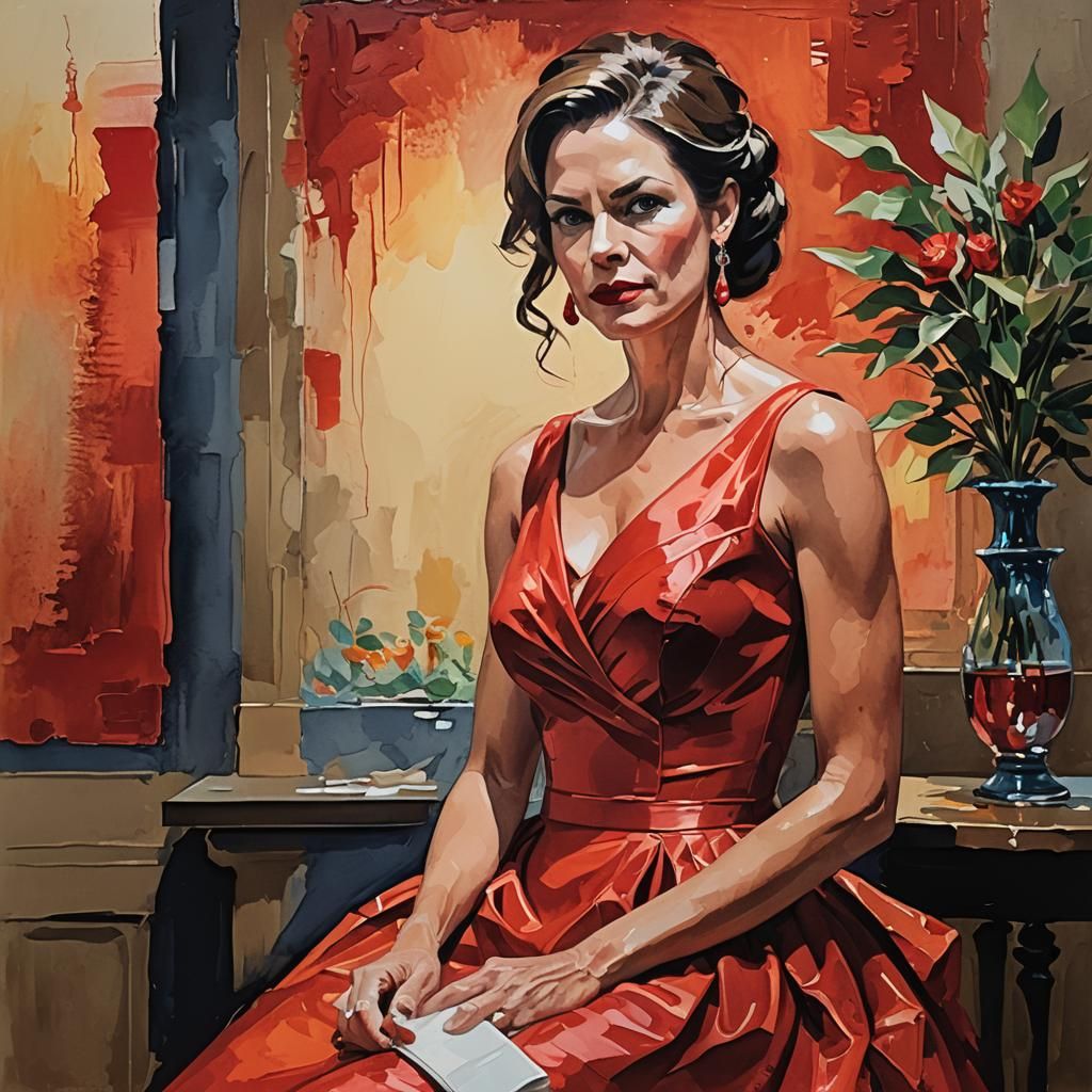 Impressionist Gouache Painting of Woman in Red Dress