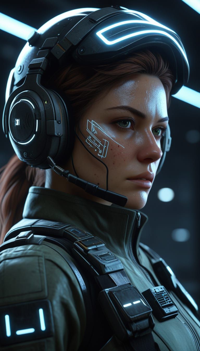 Young Pilot Concentrates in Neon Cyberpunk Holo-Room