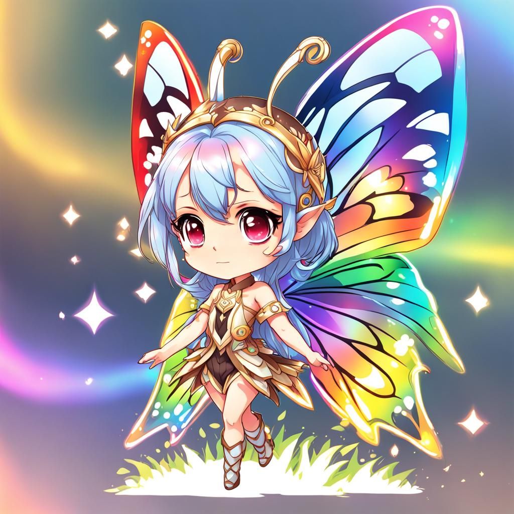 Chibi Butterfly Fairy with Rainbow Wings in Anime Style