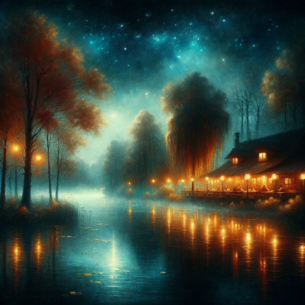 Impressionistic Nighttime Cafe by River
