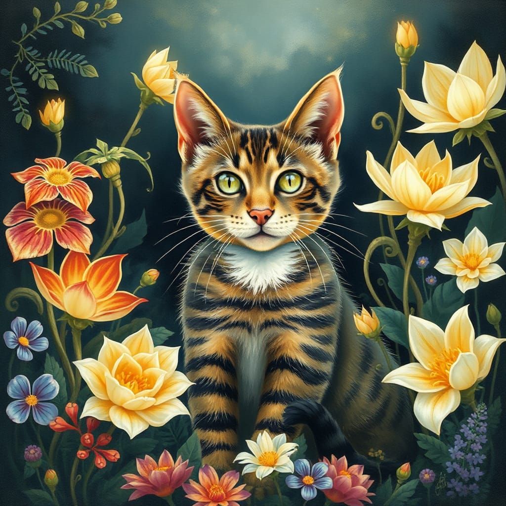 Surrealist Tabby Cat Surrounded by Glowing, Fantastical Bloo...
