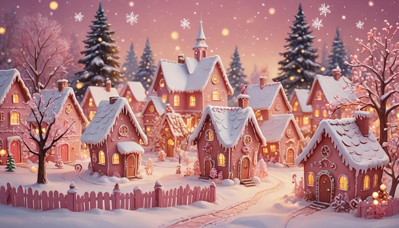 Pink Christmas Village with Gingerbread Men: Digital Paintin...