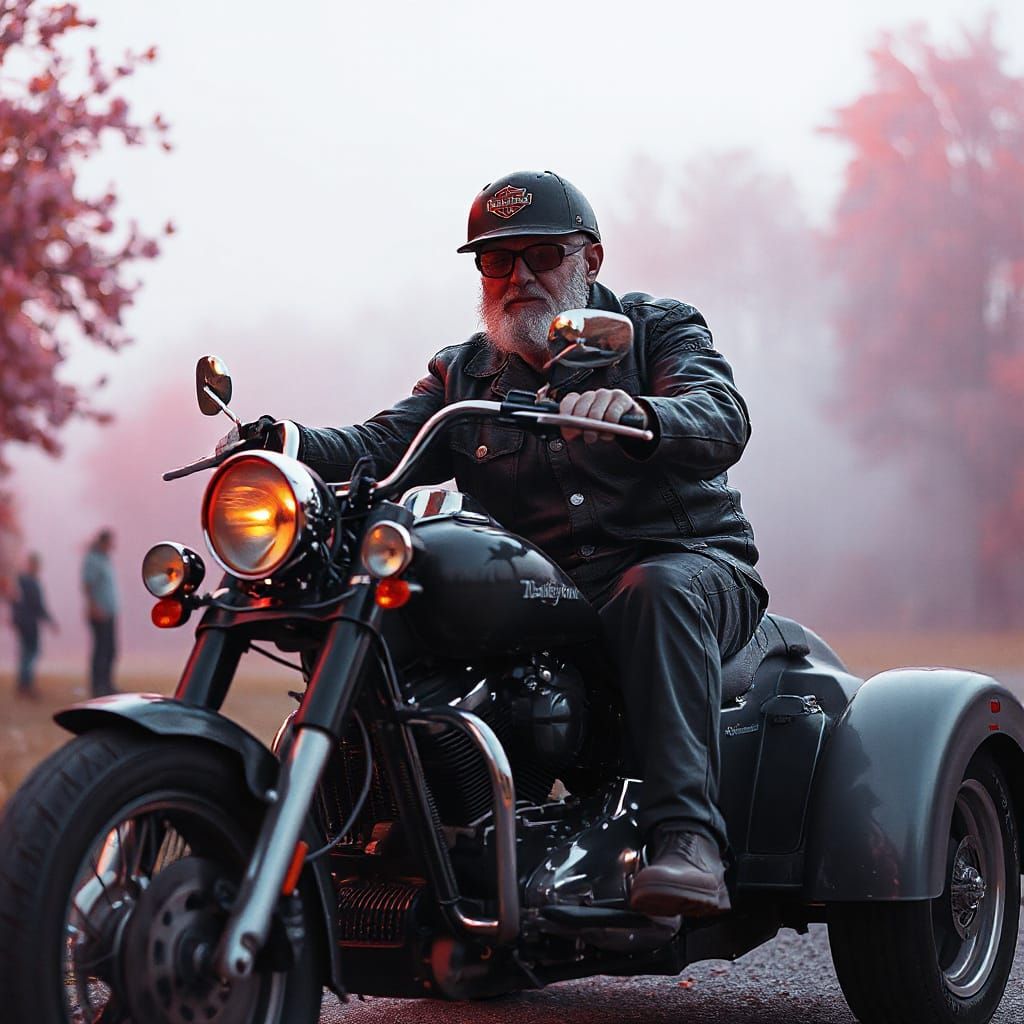 Biker Riding Trike in Moody, Atmospheric Painting