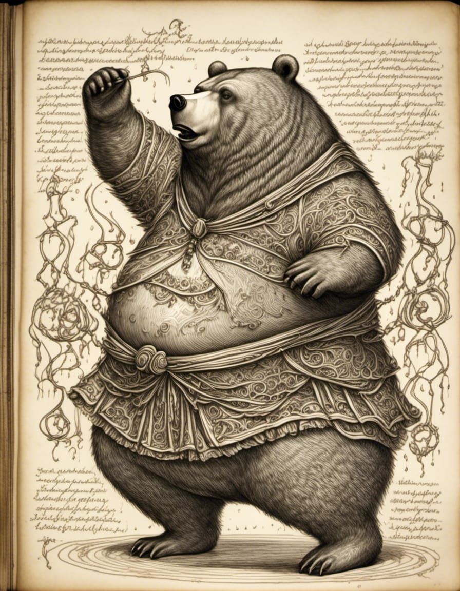 Obese Bear Dancing in Calligraphic Line-Drawing