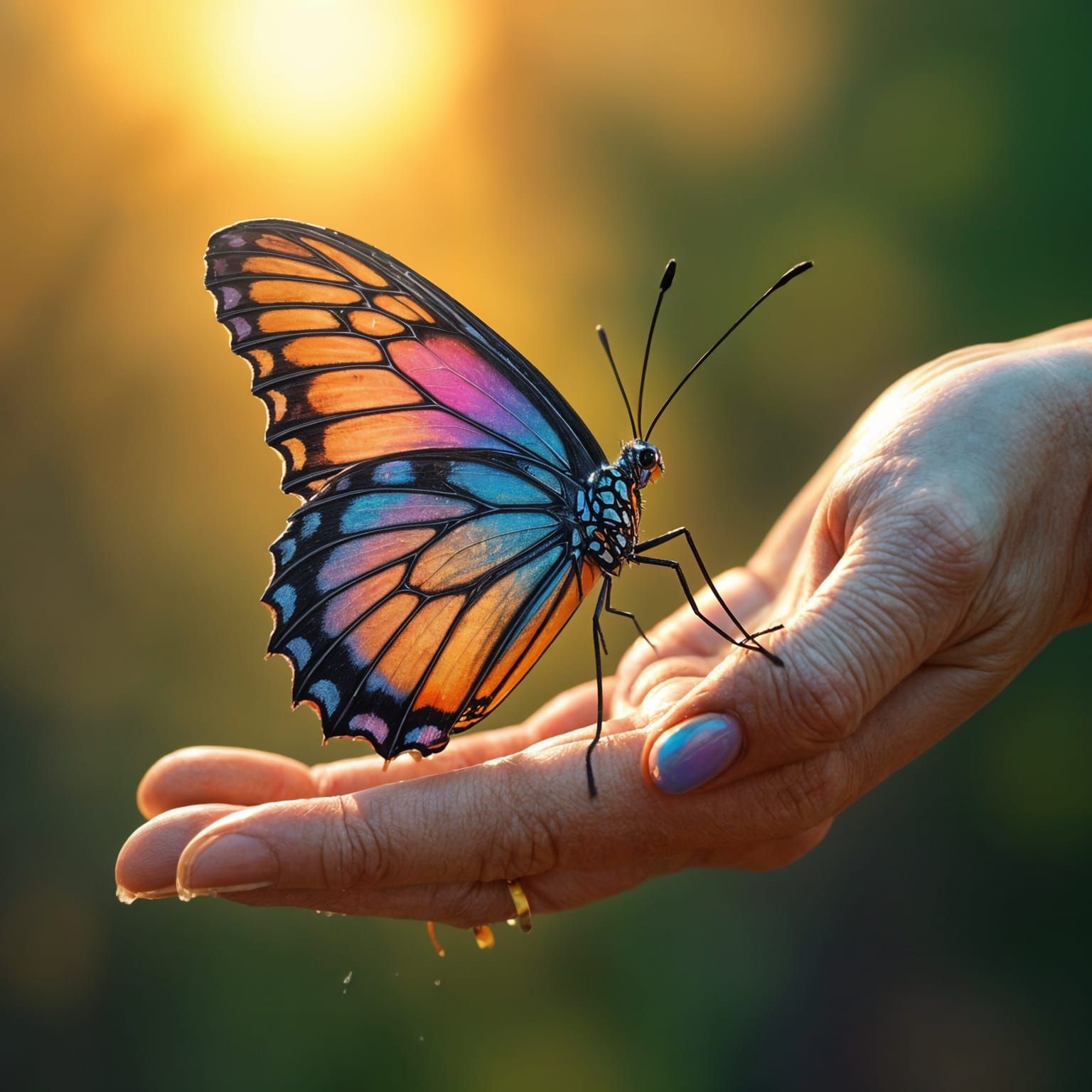 Fluorescent Butterfly on Hand: Graffiti Art